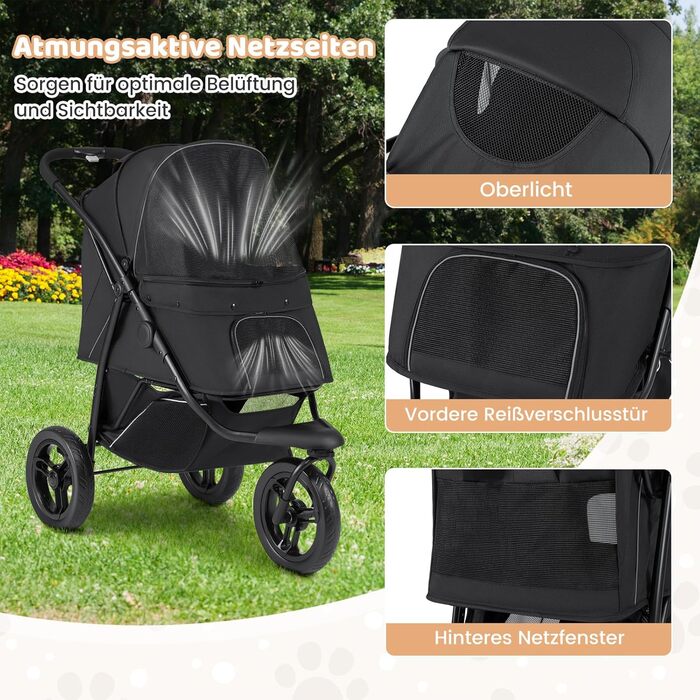 Візок для тварин Costway, розкладний, до 25 кг, для собак та котів, 3 колеса, регульоване сонцезахисне дах, сітчасте вікно, кошик та подушка, чорний