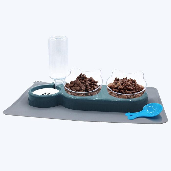 Набір мисок для котів та собак з диспенсером води, киликом та лопаткою, нахил 15°, миски для сухого та вологого корму, темно-синій