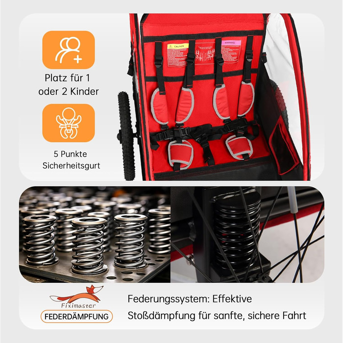 Дитячий велопричіп 2в1 з функцією візка та бігуна, амортизація, регульована ручка-штовхач та гальма, для 1-2 дітей до 40 кг (Червоний)