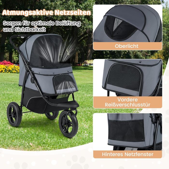 Візок для тварин Costway, розкладний, до 25 кг, для собак та котів, 3 колеса, регульований дах, сітчасте вікно, кошик та подушка, сірий