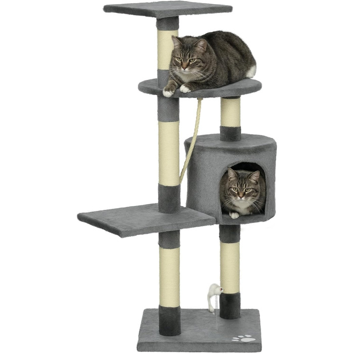 Котячий будиночок PawHut: когтеточка, кріплення для іграшок, платформа, печера, 116 см, сірий