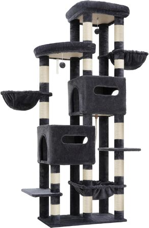 Heybly Katzenbaum 190 см, XXL Дряпка для великих котів, Стабільна висока когтеточка з великою платформою, 2 печери, гамак та міцні стовпи з сизалю, Сірий HCT062G