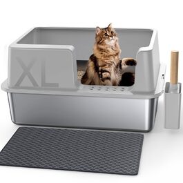 Кішниця для котів Gimars XL з металу – герметична кішниця для котів з нержавіючої сталі, миска з захистом від протікання, лопатка та килимок, підходить для великих, середніх та маленьких котів (світло-сіра з килимком)