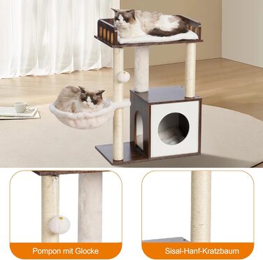 Дряпальня для котів Heybly з платформою 30x50 см, кігтеточкою з кошиком та 2-ма сизалевими стовпчиками, стабільна, для котів середніх та маленьких порід, колір: vintage brown (HCT007SSR)