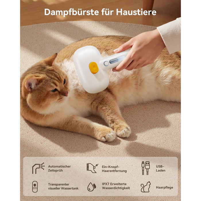 Щітка для котів ROJECO з парою, багатофункціональна, 3-в-1 проти підшерстка та ковтунів, 3 режими розпилення, самоочищення, для довгошерстих та короткошерстих котів та собак, білий колір