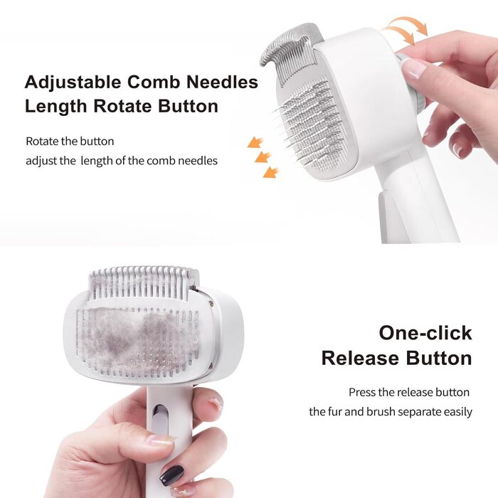 Щітка для котів 2-в-1 з кнопкою вивільнення, для довгошерстих та короткошерстих котів, видалення підшерстка, зняття ворсу (біла)