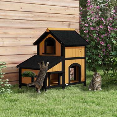 PawHut Cat House, Ялинове дерево, Котячий будинок з кількома входами, 2 поверхи, Котяча печера для вулиці, Невеликий будинок для тварин з асфальтовим дахом, Коробка для квітів, Зимостійкий, Рельєфний дизайн, Жовтий, 96 x 65 x 85,5 см | Аосом