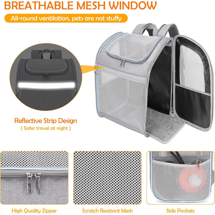 Рюкзак-переноска для собак та котів ALLSOPETS, сірий, з безпечним ременем та світловідбиваючими смугами