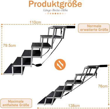 Східці для собак у машину, 6 ступенів, 70 кг, складані, для великих собак та літніх тварин, алюмінієва рамка - для вантажівок та SUV