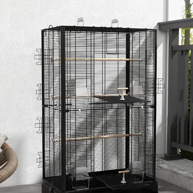 Клітка для птахів PawHut 61x36,5x98 см, чорна, з дверцятами, жердочками, висувним піддоном, годівницями та ручками для корел, хвилястих папуг, канарок, амадин