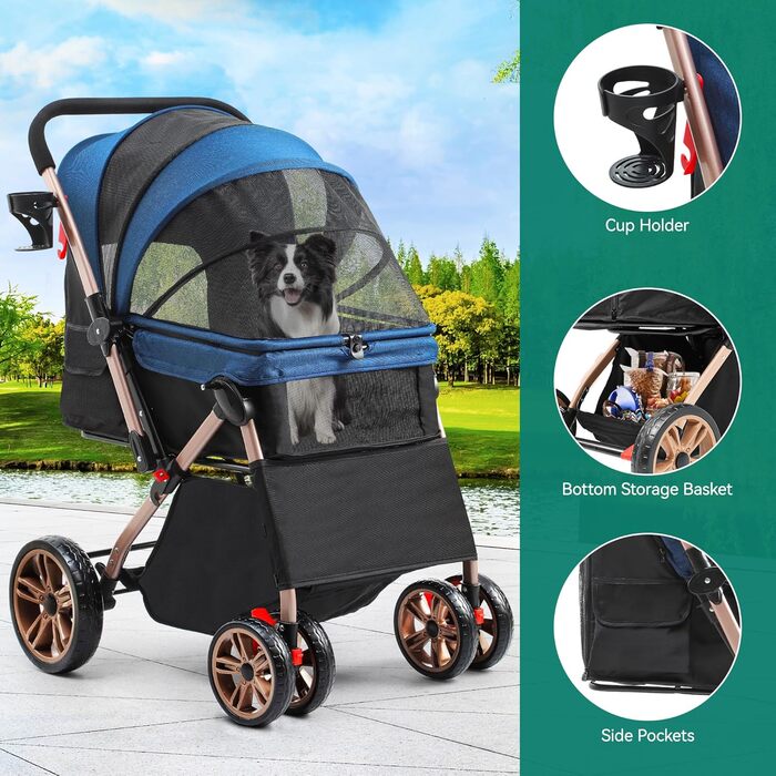Візок для собак YITAHOME, блакитний, для маленьких собак, з обертовим ручками, сітковими вікнами та тримачем для напоїв