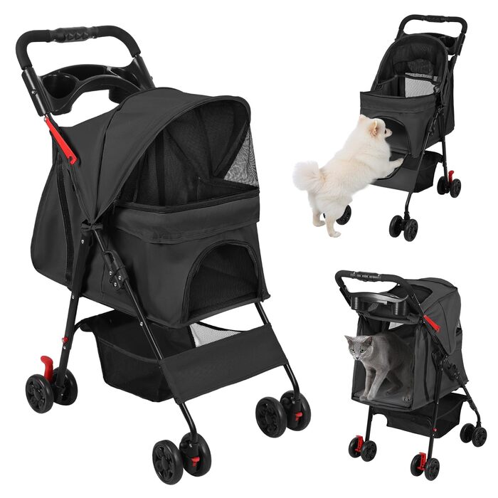Складаний візок для тварин та дітей з колесами на 360°, кошиком для зберігання, міцним металевим каркасом та дихаючими сітковими віконцями – портативний переносник для котів та собак до 22 кг, чорний