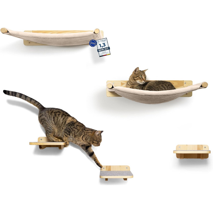 WOOWOOD® Стіна для лазіння котів з 2 сходами, масив дерева, настінний комплекс, гамак, кігтеточка, меблі для котів, повний комплект (5 елементів)