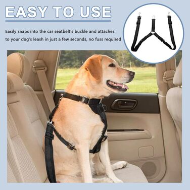 Ремінь безпеки для собак у машину, подвійний, еластичний, регульований з амортизатором та карабіном для маленьких та середніх собак (чорний)