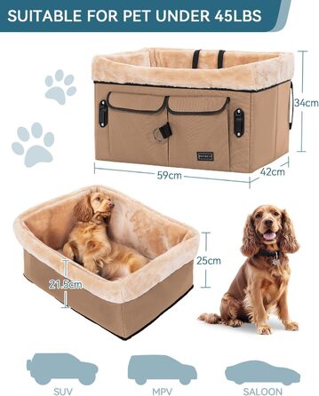 Автокрісло для собак Petsfit на заднє сидіння, середні та малі породи, знімний чохол, 2 ремені безпеки, кишеня, розмір M, колір хакі