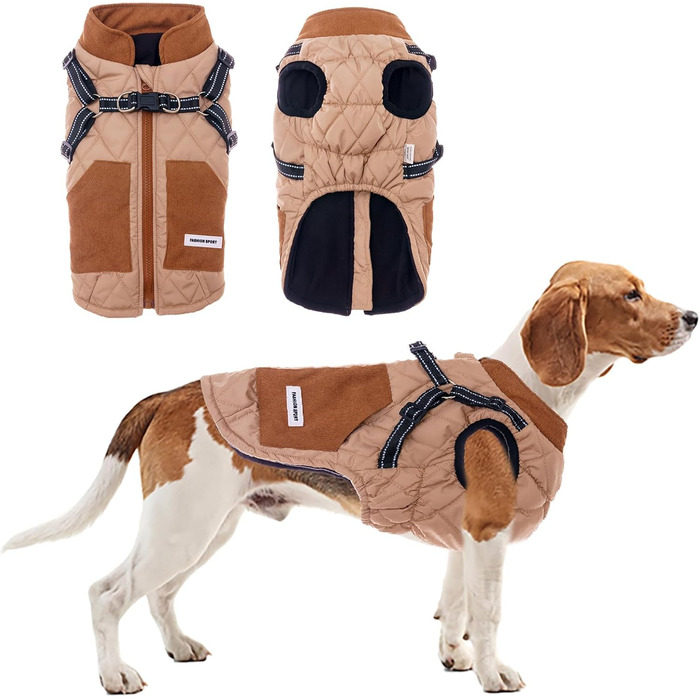 Тепла куртка для собак на зиму з поворотком для повідка, кишенями та світловідбиваючими смугами. Модна зимова жилетка для маленьких собак (Хакі M)
