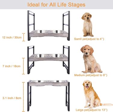 Підвищена годівниця для собак Satauko з 3 рівнями регулювання, дерев'яна годівниця для великих собак з двома мисками з нержавіючої сталі, протиковзна годівниця, миска для води та їжі. Сіра