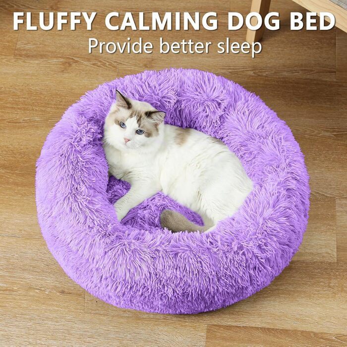 Кругле ліжко-пончик для собак та котів, середнє, з ковдрою, лілакове. Легко миється, м'яке, плюшеве, 61 см (діаметр), ковдра 71x23 см