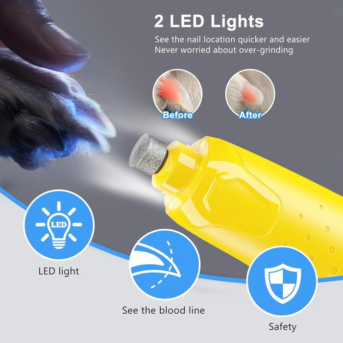 Шліфувальник для собак 4UMOR з 6 ступенями та 2 LED-ліхтариками - безпечна та ефективна догляд за кігтями для собак великих, середніх та маленьких порід