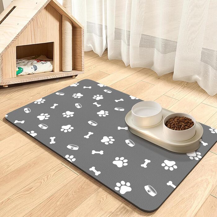 Підкладка для годівлі домашніх тварин – вбираюча підкладка під миски для їжі та води, без плям, швидковисихаюча (Світло-сіра з багатьма лапами, 40 x 60 см)