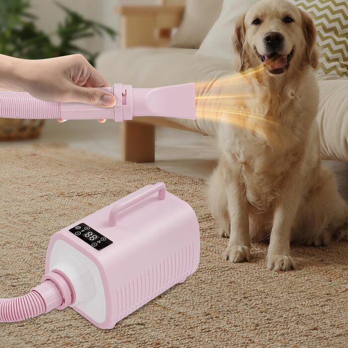 Пилосос для шерсті собак і котів з LED-підсвічуванням та сенсорним екраном, 9 режимів, регулювання повітря та температури, 3 насадки, рожевий