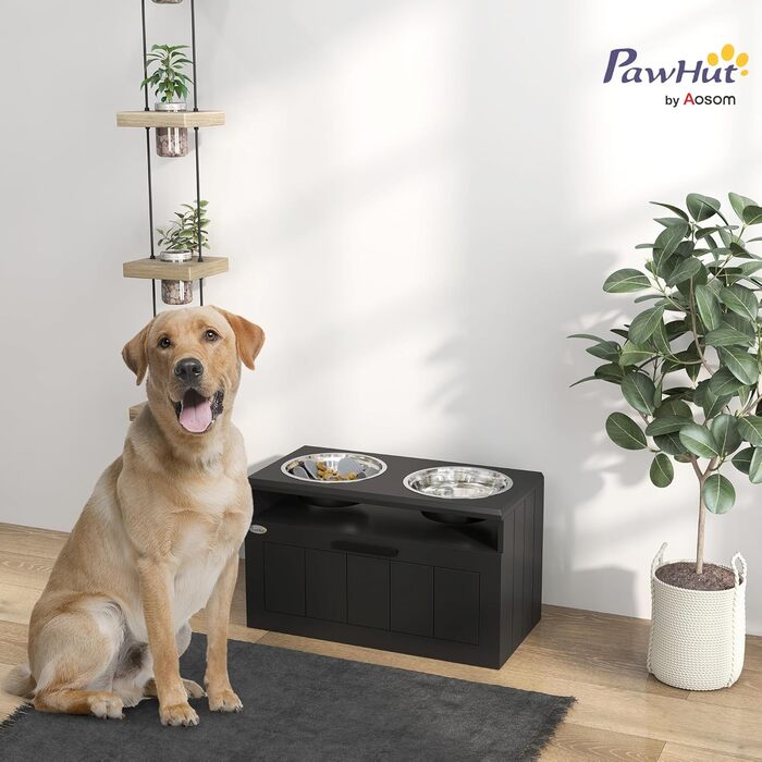 Станція годування для собак PawHut з піднятою мискою, повільною годівницею та 2 мисками з нержавіючої сталі, ящик для зберігання 25л, для великих та екстра-великих собак, білий (чорний)