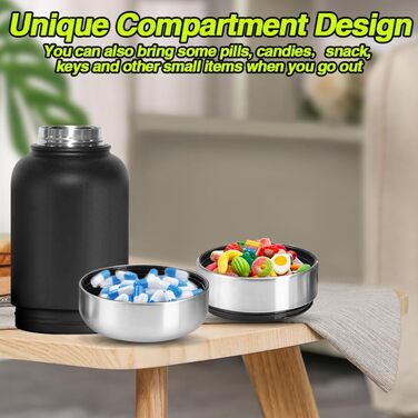 Водяна пляшка для собак на ходу, 950 мл, з мискою для їжі та води, ізольована, нержавіюча сталь, чорна