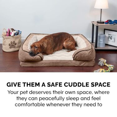Лягу для собак FurHaven Large з піною з пам'яті, плюш та вельвет, стиль дивану, знімний чохол, коричневий, розмір L (91 x 69 x 19 см)