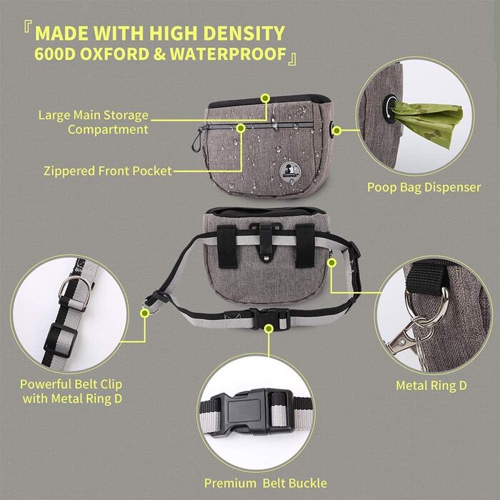 Сумка для ласощів для собак, з інтегрованим мисником, для зручного перенесення іграшок та ласощів, поясна сумка для дресирування, 4 способи носіння (сіра)