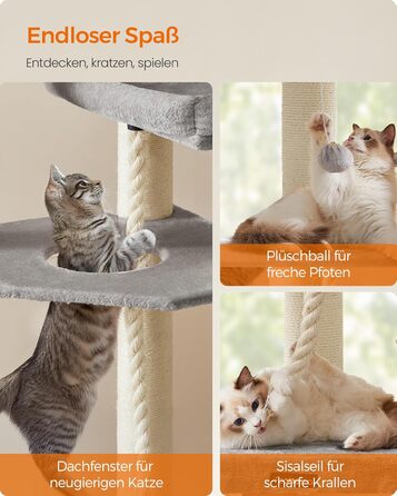 Декілька поверхів, великий котячий будиночок Feandrea, XXL, 55 x 55 x 186,7 см, товсті сизалеві стовпи (11 см), для великих котів (наприклад, мейн-кун), сірий та чорний котячий будиночок, PCT008G02