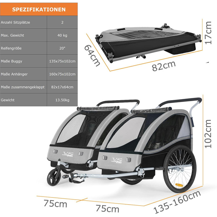 Дитячий причіп Tiggo VS 2 в 1: велосипедний причіп та коляска-візок, сірий