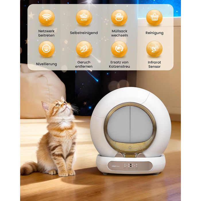 Самоочисний електричний лоток для котів LELO PAWS XXL (74л) з керуванням через додаток, дезодоризацією та шторкою, золотистий