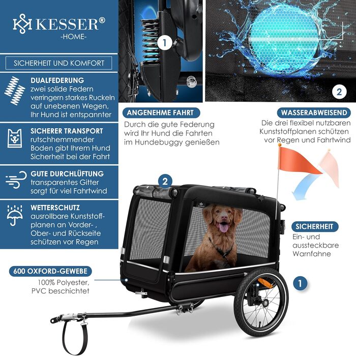 Велопричіп для собак KESSER Boxer 3в1, 240 л, до 40 кг, амортизований, 600D Оксфорд, з підстаканником