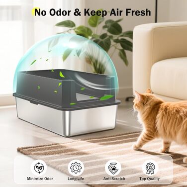 Котлові туалети для котів з нержавіючої сталі, великі, XL, з кришкою, антибактеріальне покриття, сірий, легко чистити