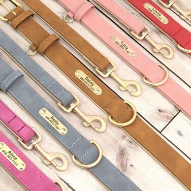 Нашийник та поводок для собак, шкіряні, персоналізовані, м'яко стьовані, міцні, з індивідуальною табличкою, регульовані (M, верблюжий, комплект M: обхват шиї 28-37 см, ширина 2 см)