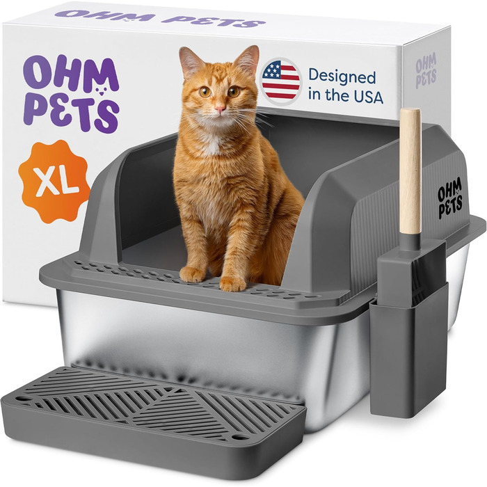 OHM Pets XL Лоток для котів з нержавіючої сталі 20 л – антипригарний, велика котяча туалетна коробка, металевий лоток із високими бортами, лопатка та піддон у комплекті, не іржавіє, не протікає