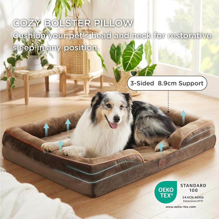 Ортопедичне ліжко для собак BEDSURE - 122x89 см. М'яке ліжко-софа для великих собак з ефектною формою, зручне та миється, нековзне, коричневе. Розміри: 122 x 89 x 20 см.