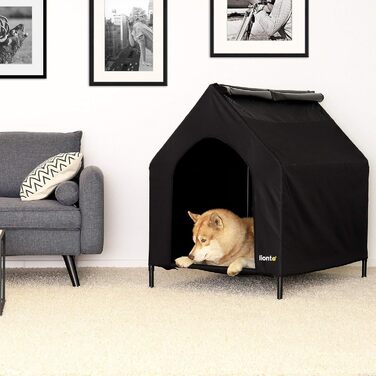 Лежанка для собак Lionto Outdoor з дахом, 110x75x105 см, водовідштовхувальне, зносостійке оксфордське полотно та дихаюче сітко, піднята лежанка з знімними ніжками, для собак до 60 кг, чорний колір