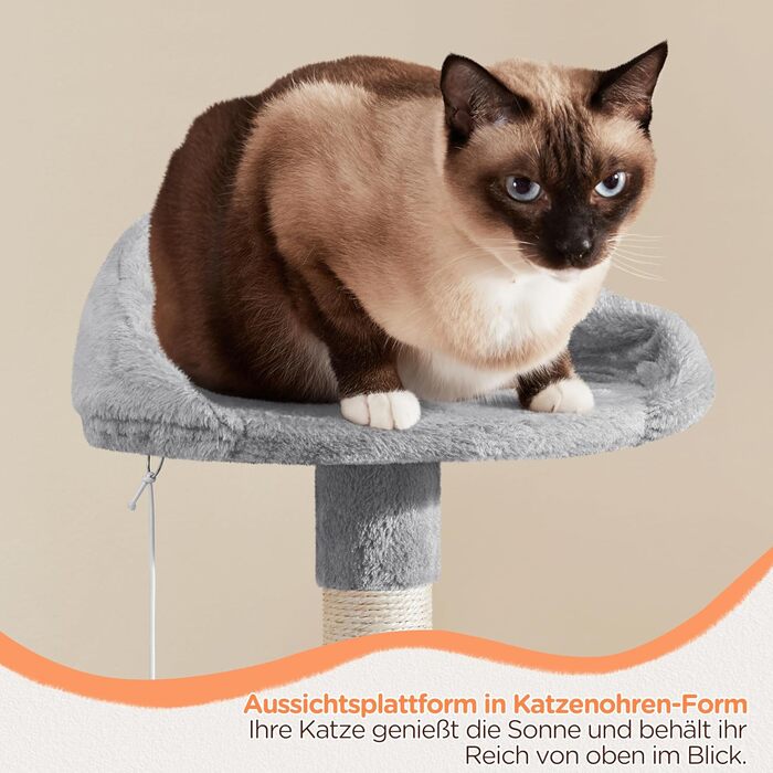 Yaheetech Когтеточка для котів 145 см, стабільний котячий комплекс з оглядовим майданчиком, лежанкою, сизалевими стовпчиками, світло-сірий