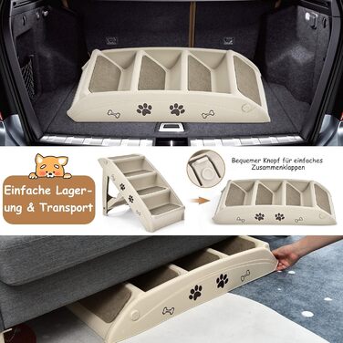 Сходинки для тварин GYMAX: 4 сходинки, складна конструкція, пластик, антиковзкі підкладки, килимки, для котів та собак (Бежевий)