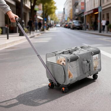Транспортна переноска для собак та котів з колесами, складана переноска для котів, переноска для собак з сітчастими вентиляційними вікнами, переноска-мішок для тварин з двома відділеннями (сіра)