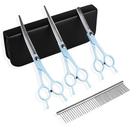 Набір професійних ножиць для грумінгу собак та котів 5-в-1, нержавіюча сталь, з гребінцем для догляду за шерстю, блакитний