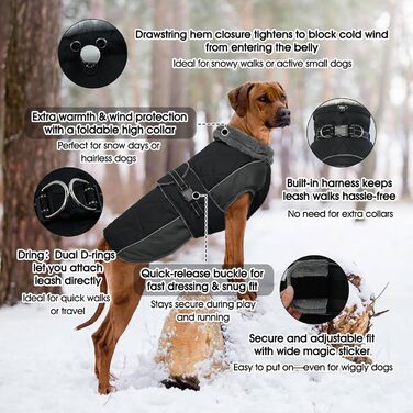 Водонепроникний зимовий теплий накидка для собак QBLEEV, чорний, середній розмір, фліс, регульований, з відбиваючими елементами