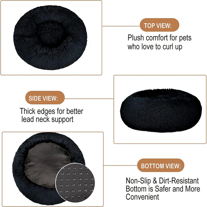 Зручне заспокійливе ліжко для собак, велике, миється, Anti-Angst, ліжко-пончик, розкішне, тепле, м'яке, покращений сон, дивовижне ліжко для котів, затишне, з антиковзним дном, кругле, ліжко для цуценят Ø 80см Зовнішній діаметр (XL) Чорний