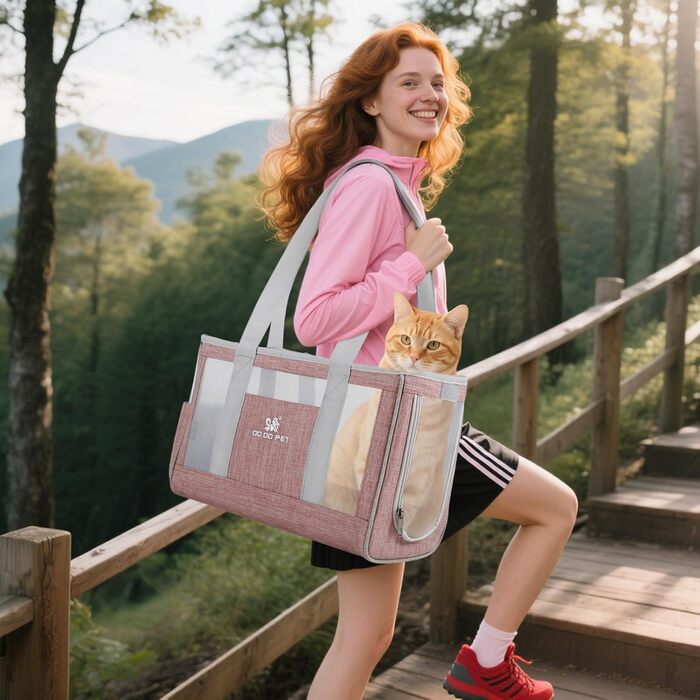 PETCUTE Сумка-переноска для собак і котів з знімною підстилкою, безпечний поводок, дихаюча переноска для котів та маленьких собак, схвалена авіакомпаніями (S, Рожевий)
