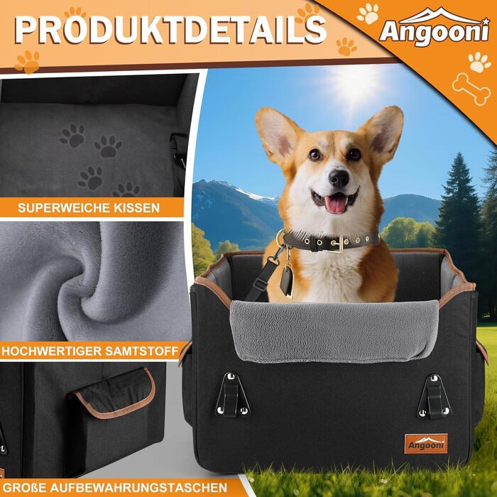 Автокрісло для собак Angooni: зручний бустер для маленьких та середніх собак з кишеньками для зберігання, м'яке плюшеве ліжко для переднього та заднього сидіння (чорне)