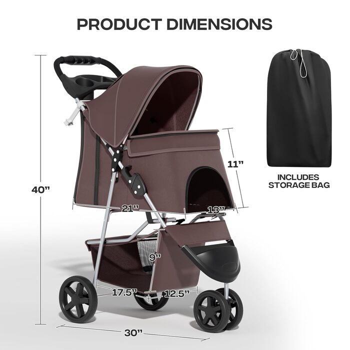 Візок для тварин: для собак та котів, 3 колеса, складна конструкція, з кошиком та тримачем для напоїв