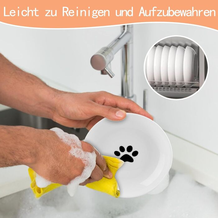 Набір мисок для котів CROUTE 6 шт. з кераміки - широкі миски для котів, анти-високочування, білий колір, з принтом лапки