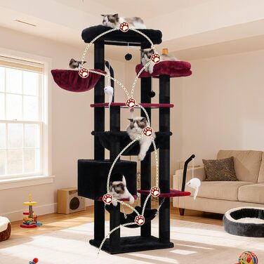 Великий котячий будиночок Kratzbaum: стабільний, 200 см, з платформами, печерами, гамаком та сизалевими стовпчиками (GCT031W, чорний та червоний)