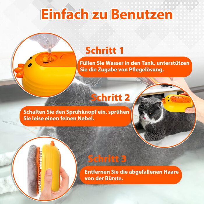 Парфумерна щітка для котів з розпилювачем, 4-в-1: видалення шерсті, масаж, розпилення, самоочищення, водонепроникна (IPX7), білий колір з жовтим руків'ям